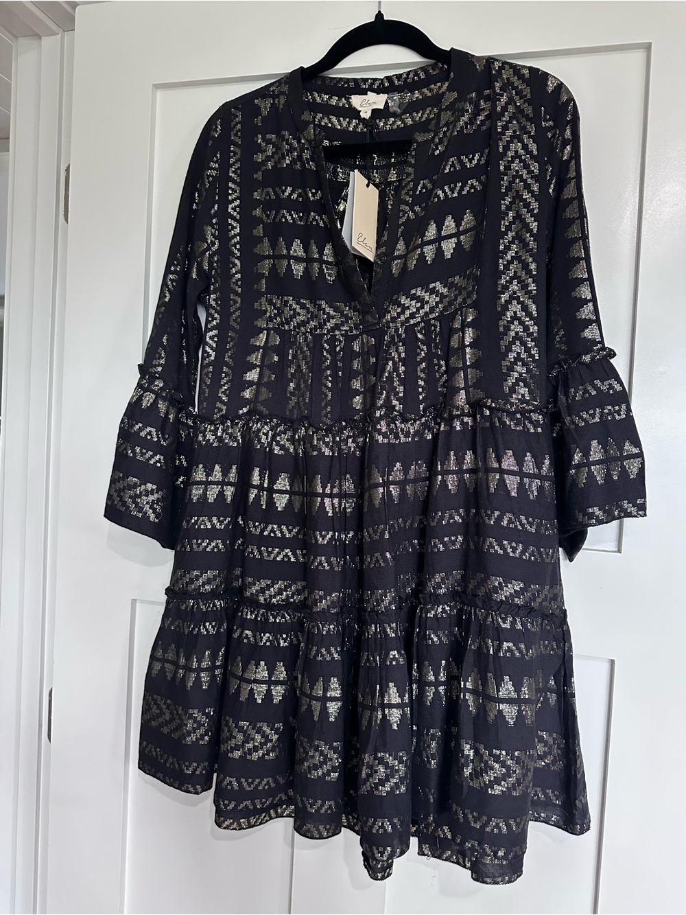 Elan Black Dress with gold  Geometric Accents